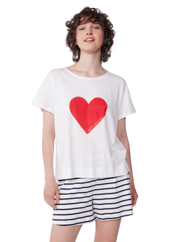 Short Sleeve Heart Graphic Tee + Striped Shorts Loungeweaar Set in White, Red + Blue