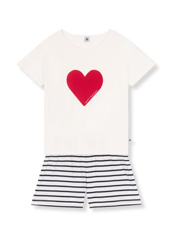 Short Sleeve Heart Graphic Tee + Striped Shorts Loungeweaar Set in White, Red + Blue