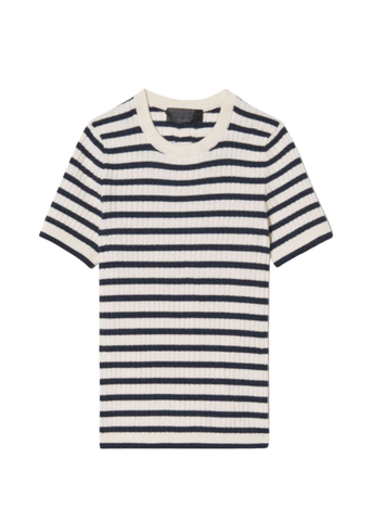 Alita Stripe Short Sleeve Kint Top in Ivory + Lapis