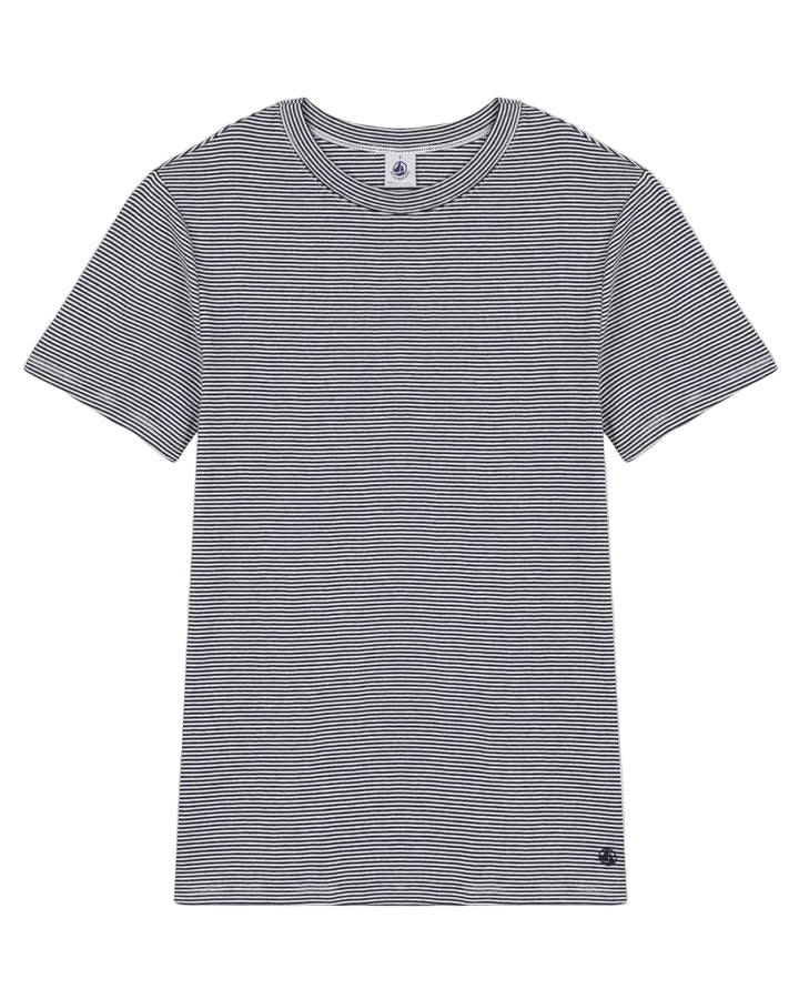 Micro Stripe Short Sleeve Crewneck Tee in White + Navy