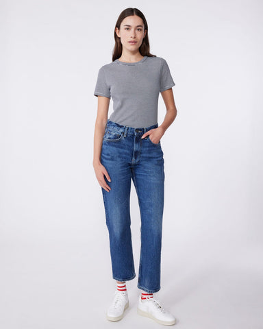 Micro Stripe Short Sleeve Crewneck Tee in White + Navy