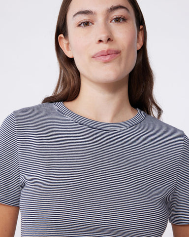 Micro Stripe Short Sleeve Crewneck Tee in White + Navy
