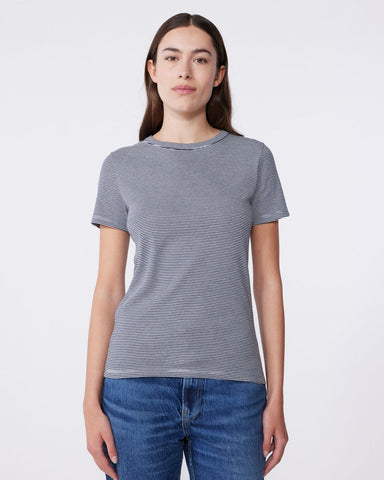 Micro Stripe Short Sleeve Crewneck Tee in White + Navy