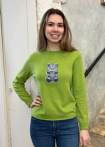 Gummy Bear Long Sleeve Crewneck Cashmere Sweater in Granny Smith Green