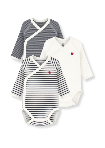 Long Sleeve Crossover Bodysuit 3 Pack in White + Navy