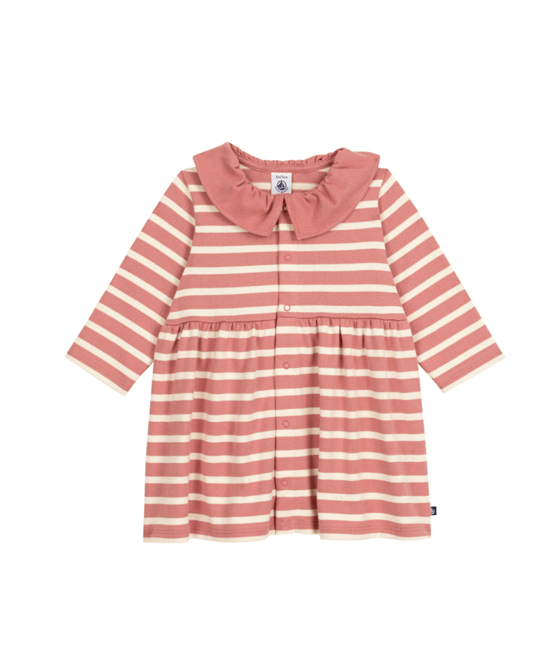 Striped Ruffle Collar Long Sleeve Button Up Dress in Pink + Cream