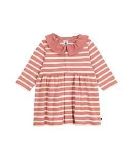 Striped Ruffle Collar Long Sleeve Button Up Dress in Pink + Cream