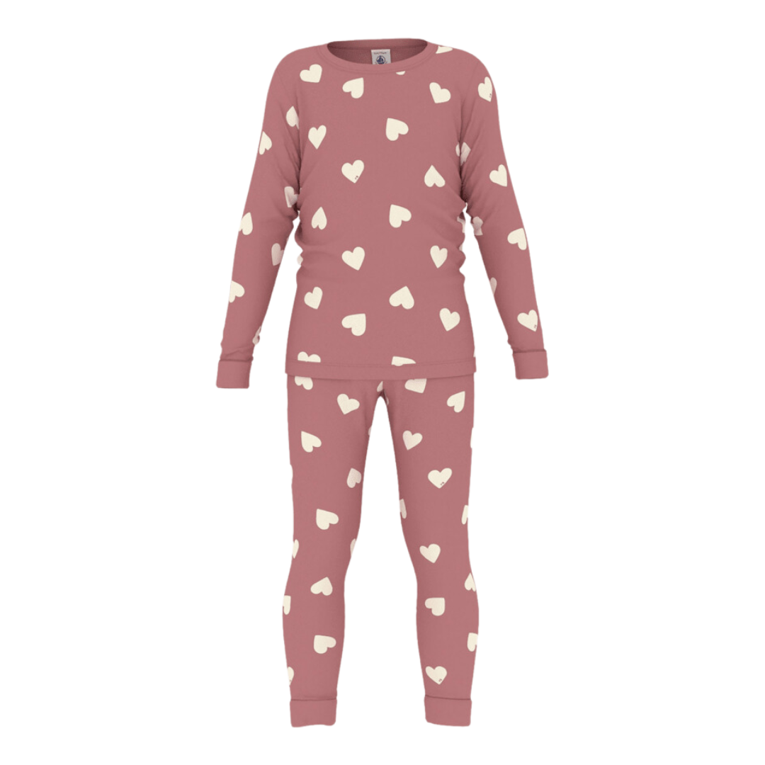 Heart Print Long Sleeve Top + Pants Loungewear Set in Raspberry + Cream