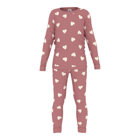 Heart Print Long Sleeve Top + Pants Loungewear Set in Raspberry + Cream