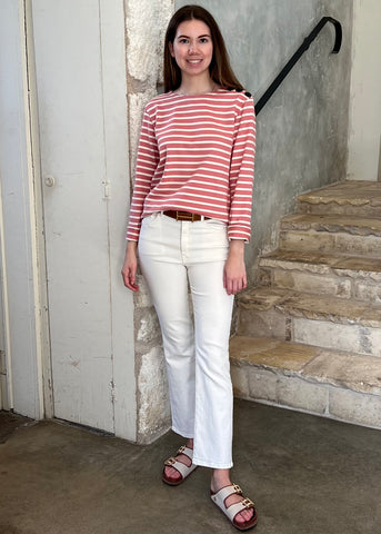 Long Sleeve Breton Button Shoulder Top in White + Pink