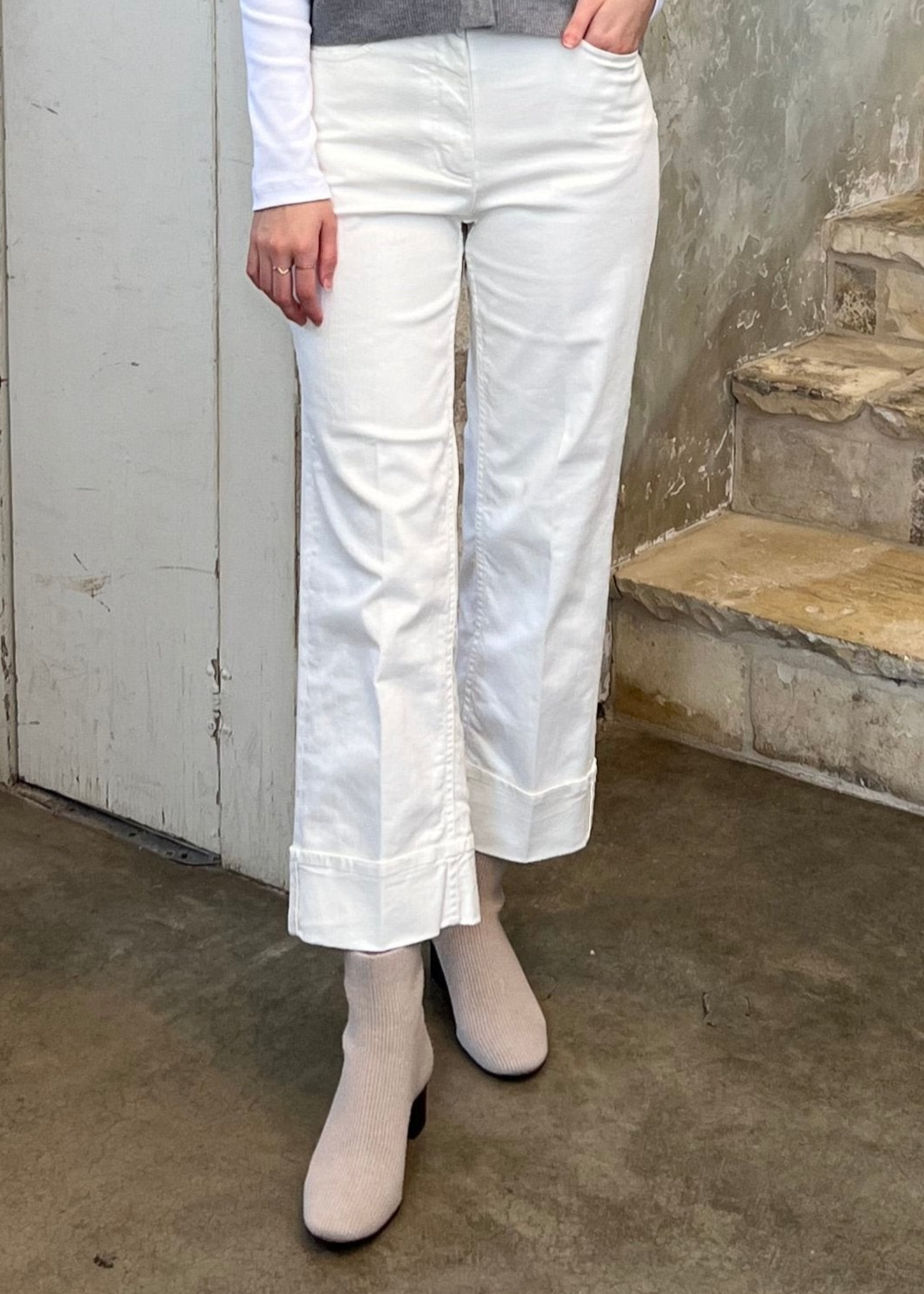 High Rise Stretch Cotton Denim Cuffed Straight Leg Pant in Natural White