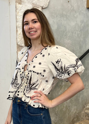 Kingsley Embroidered Short Sleeve Tie Front Top in Cream