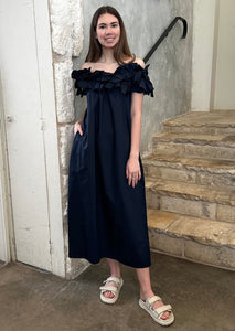 Off the Shoulder Ruffled Maxi Dress in Midnight