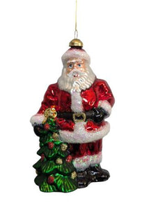 Jolly Santa with Decorated Christmas Tree Painted Glass Ornament