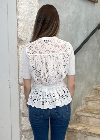 Lennon Embroidered Short Sleeve Top in Cream