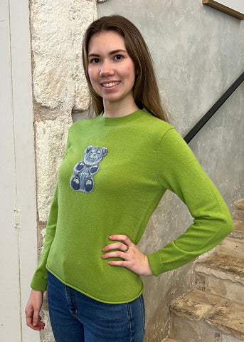 Gummy Bear Long Sleeve Crewneck Cashmere Sweater in Granny Smith Green