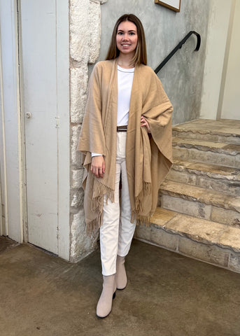 Wool Blend Fringed Cape in Macchiato