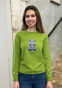 Gummy Bear Long Sleeve Crewneck Cashmere Sweater in Granny Smith Green