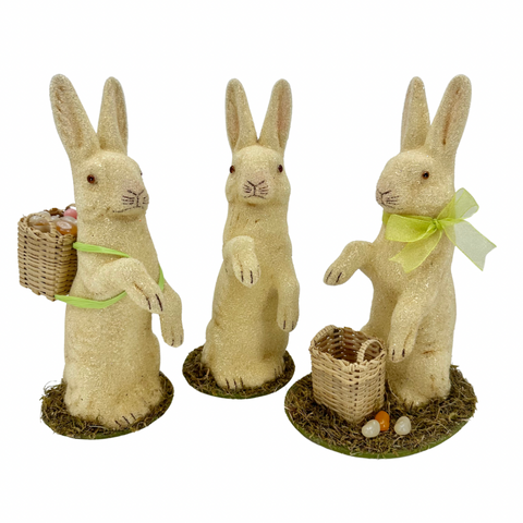 Beaded Cream Bunny with Natural Basket Backpack Standing in the Grass