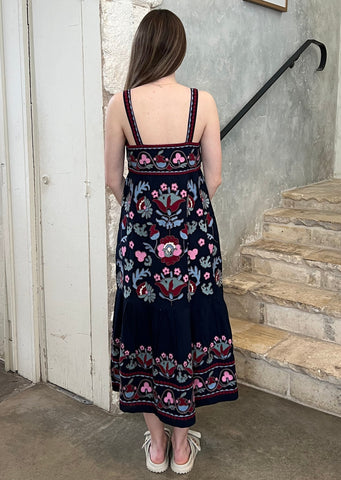 Eclisse Embroidered Slip Maxi Dress in Navy