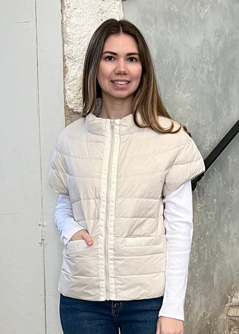 Palm Beach Cap Sleeve Puffer Vest in Beige