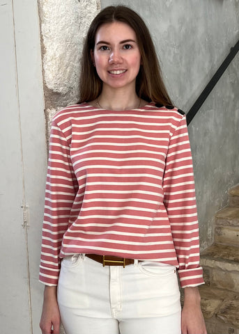 Long Sleeve Breton Button Shoulder Top in White + Pink