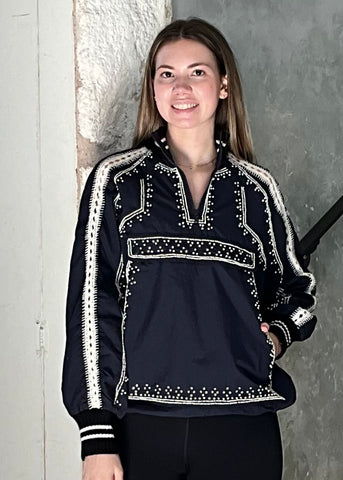 Mille Embroidered Long Sleeve Windbreaker Top in Navy