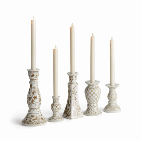Assorted Chinoiserie Ceramic Candle Holders In Brown + White