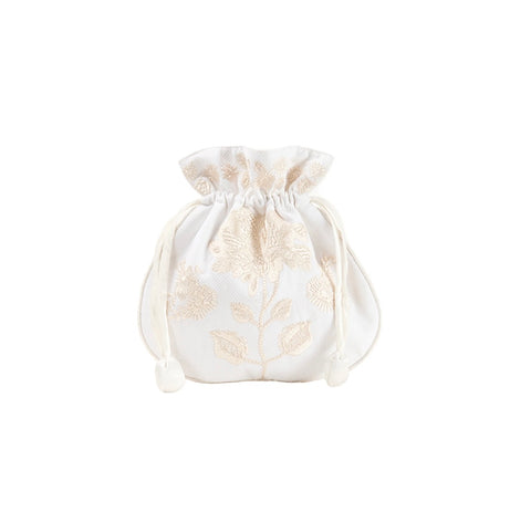 Peony Embroidered Drawstring Jewelry Pouch with Ivory Satin Trim