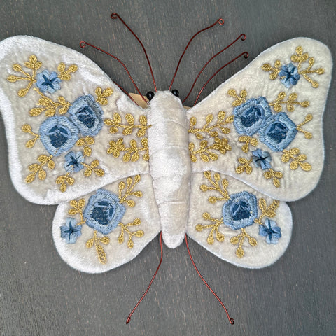 Miranda Blue + Gold Embroidered Silk Velvet Butterfly in Ice Blue
