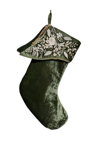 Liza Velvet Stocking with Ivory Embroidered Cuff in Grass Green