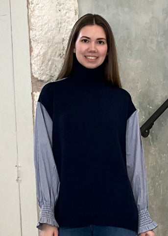 Devana Mixed Media Knit Turtleneck Combo Sweater in Navy