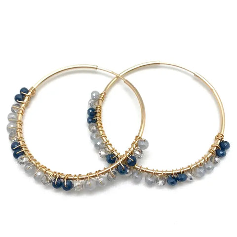 Mia Beaded Gold Hoop Earrings in Grey + Navy