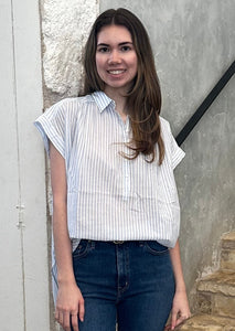 Normandy Short Sleeve Striped Blouse in Ivory + Blue