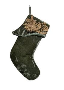 Nature Velvet Stocking with Gold Embroidered Cuff in Evergreen