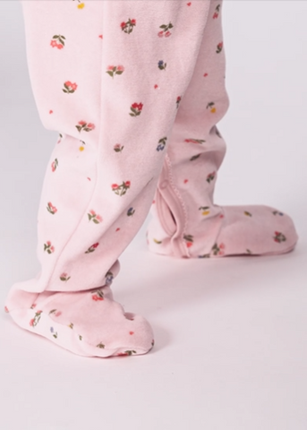 Little Flowers Print Long Sleeve Velour Front Snap Footie in Dusty Pink