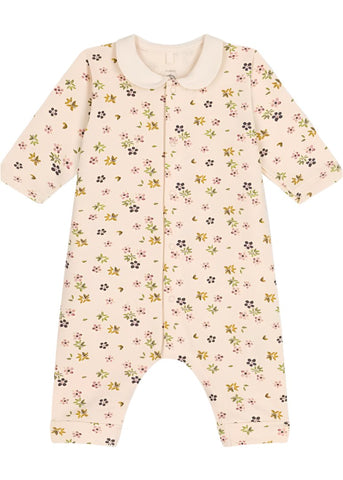 Falling Flower Print Collared Romper in Cream