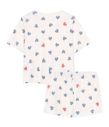 Striped Hearts Printed Short Sleeve Top + Short Loungewear Set in White, Red + Blue