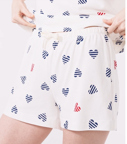 Striped Hearts Printed Short Sleeve Top + Short Loungewear Set in White, Red + Blue