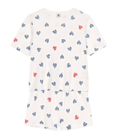 Striped Hearts Printed Short Sleeve Top + Short Loungewear Set in White, Red + Blue