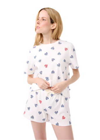 Striped Hearts Printed Short Sleeve Top + Short Loungewear Set in White, Red + Blue