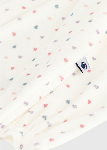 Heart Print Long Sleeve Velour Collared Front Snap Footie in White, Pink + Blue