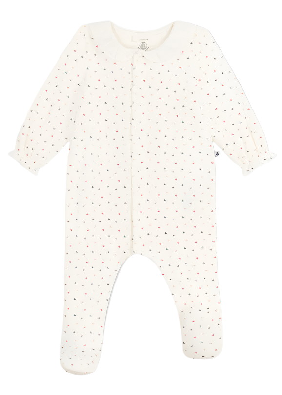 Heart Print Long Sleeve Velour Collared Front Snap Footie in White, Pink + Blue