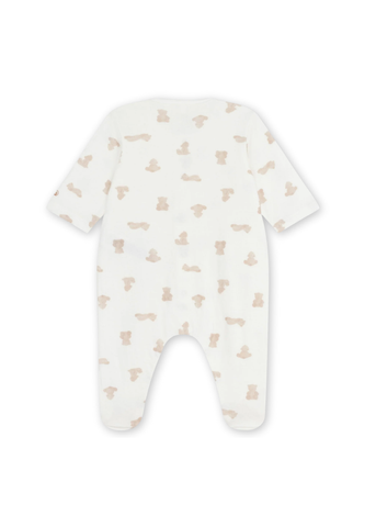 Teddy Bear Print Long Sleeve Tube Knit Front Snap Footie in White + Beige