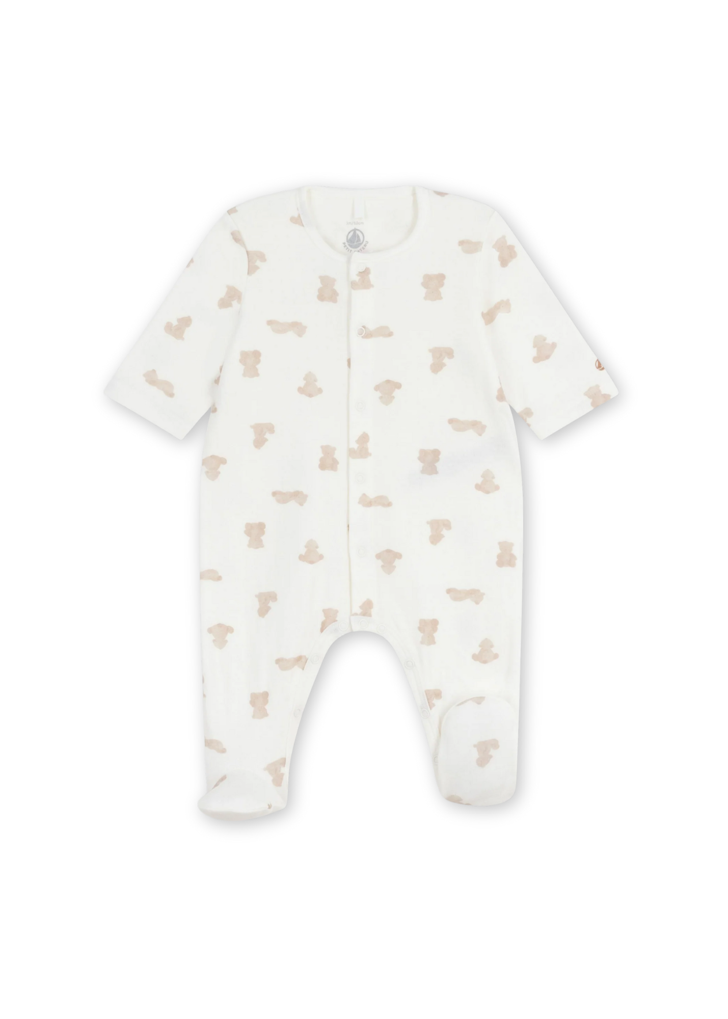 Teddy Bear Print Long Sleeve Tube Knit Front Snap Footie in White + Beige