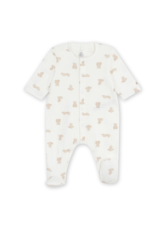 Teddy Bear Print Long Sleeve Tube Knit Front Snap Footie in White + Beige