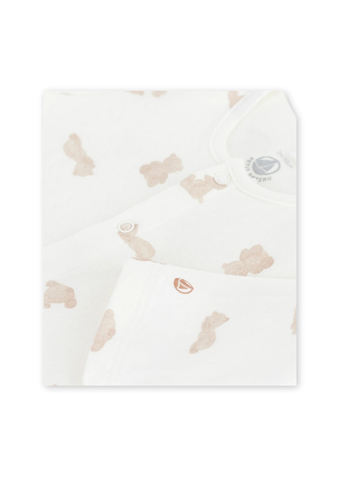 Teddy Bear Print Long Sleeve Tube Knit Front Snap Footie in White + Beige