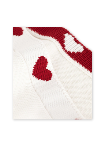 Heart Print Jacquard Knit Cotton Baby Blanket in White + Red