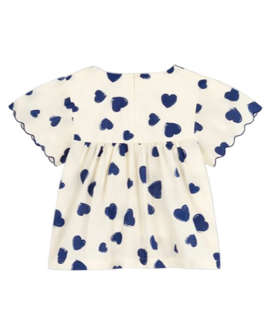 Painted Hearts Print Flutter Sleeve Blouse in Cream + Navy
