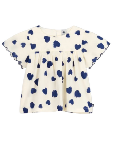 Painted Hearts Print Flutter Sleeve Blouse in Cream + Navy